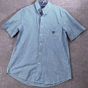 Chaps Mens Medium Button Down Short Sleeve Plaid Casual‎ Shirt Blue Green